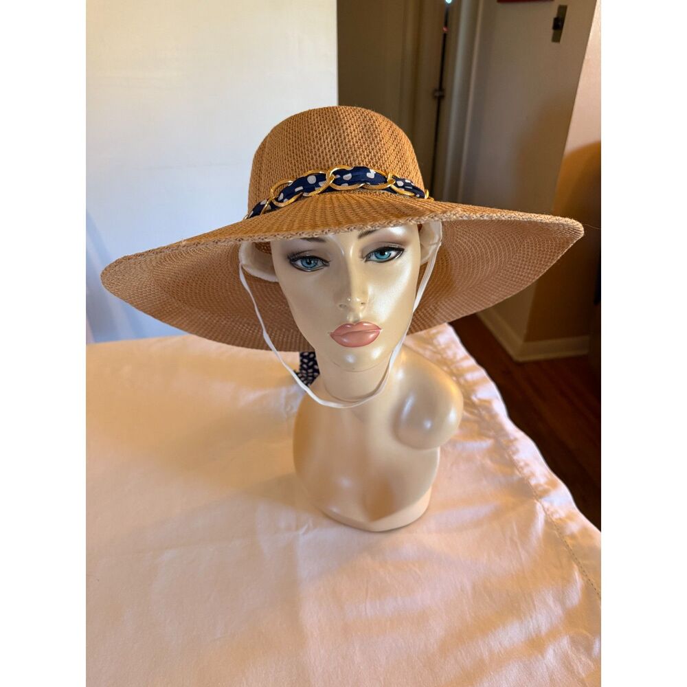 NWOT Tan Extra Wide Brim Sun Hat Gold/Blue/White Ribbon Hat Band 25" Large